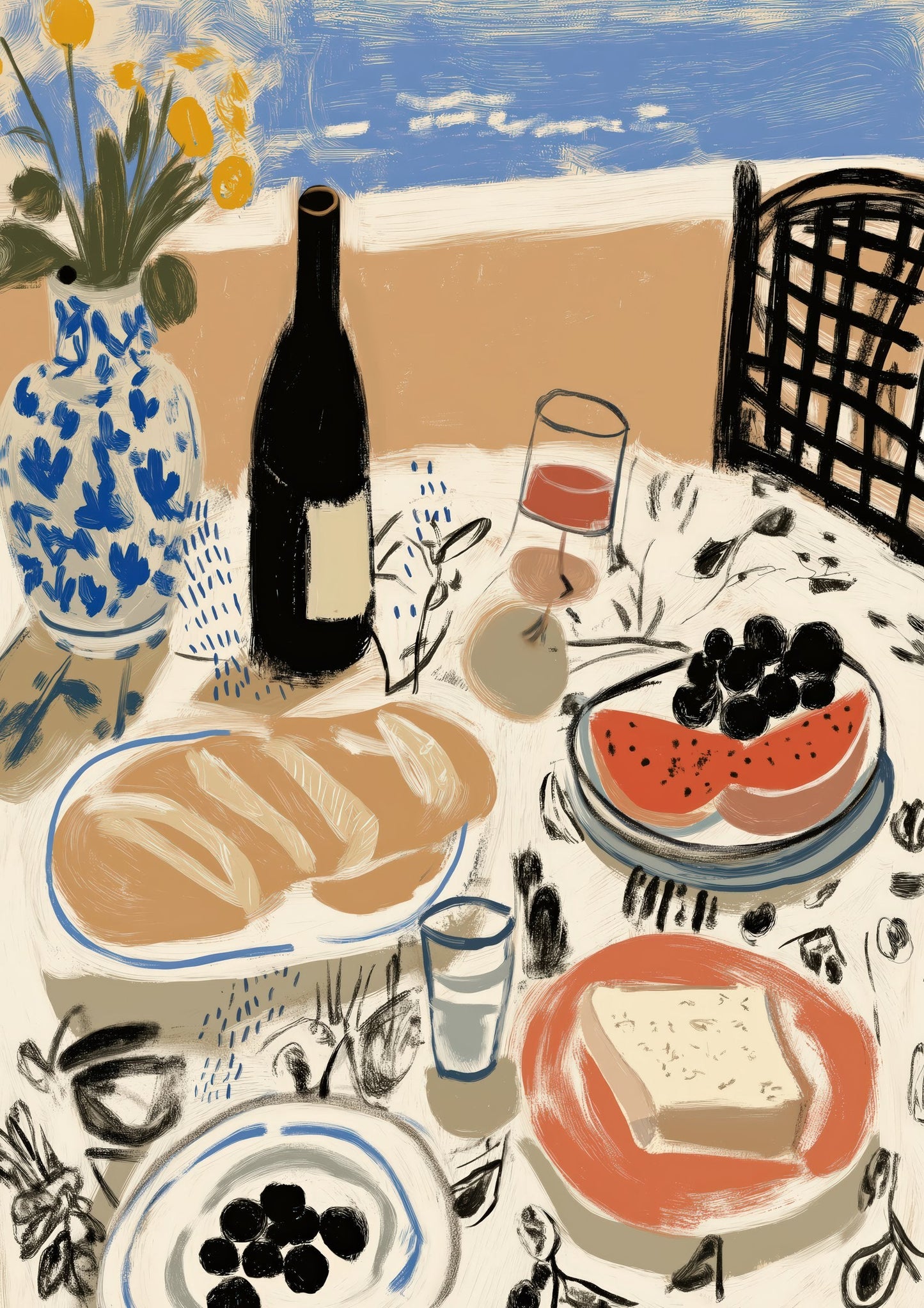 Small Plates Feast Print, Wine and Food Wall Art