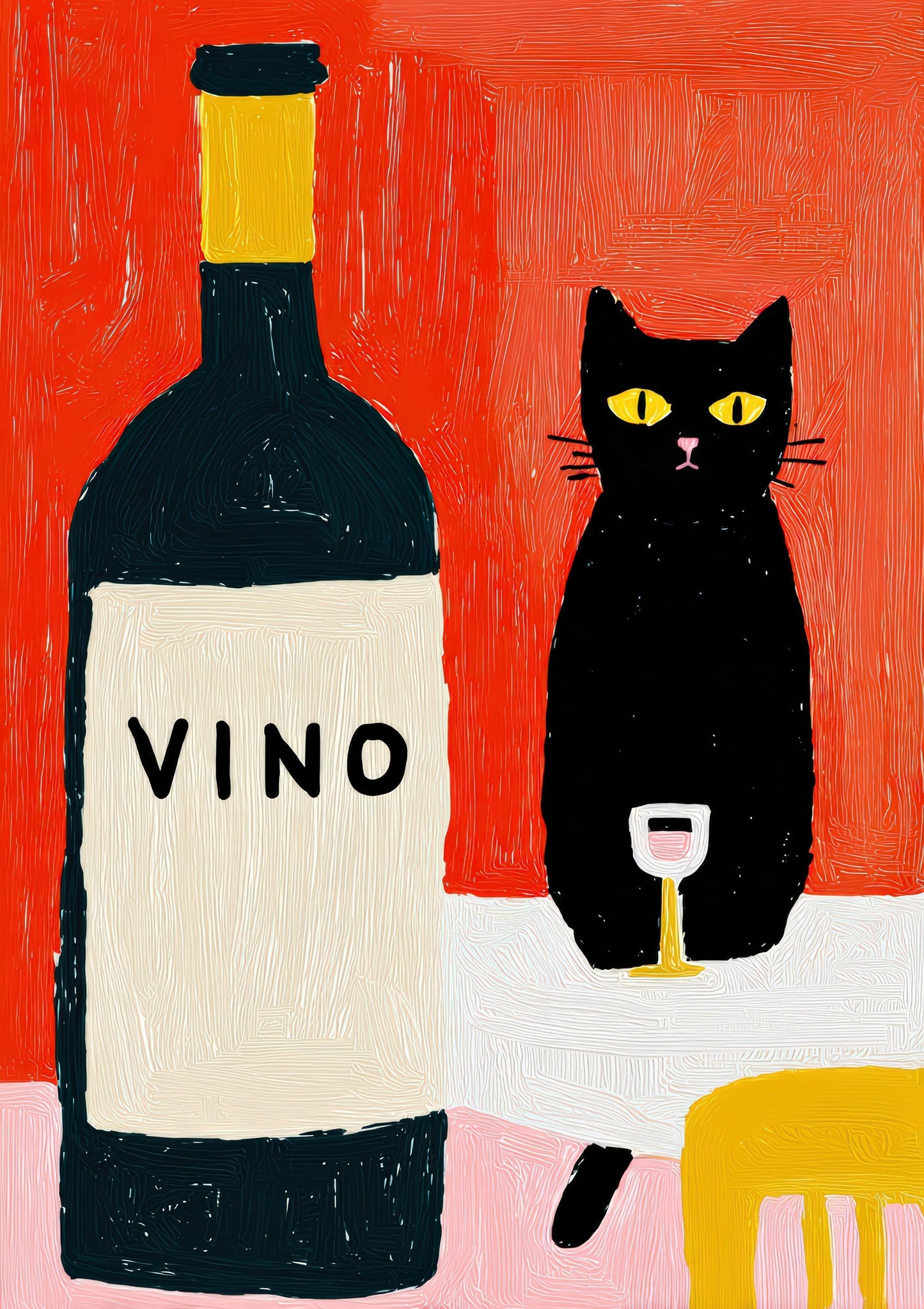 Vino and Black Cat Print, Folk Kitchen Wall Art