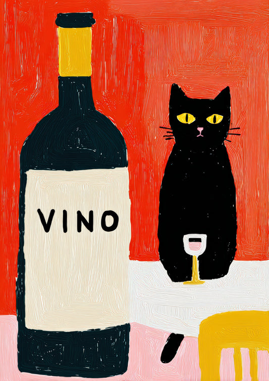 Vino and Black Cat Print, Folk Kitchen Wall Art