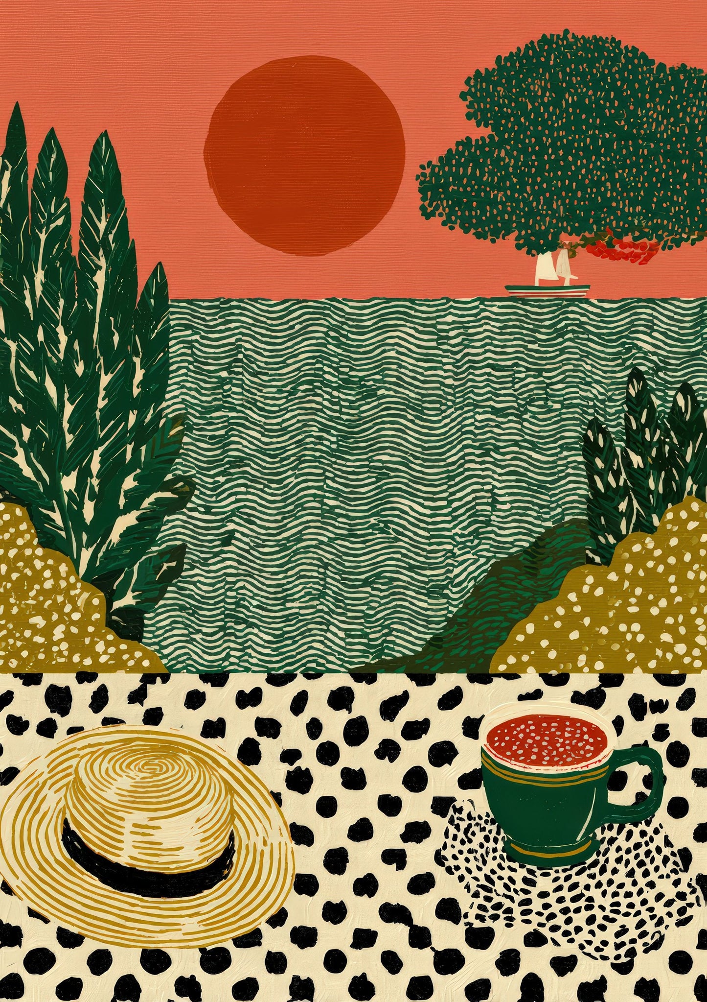 Folk Landscape at Sunset Print, Naive Wall Art