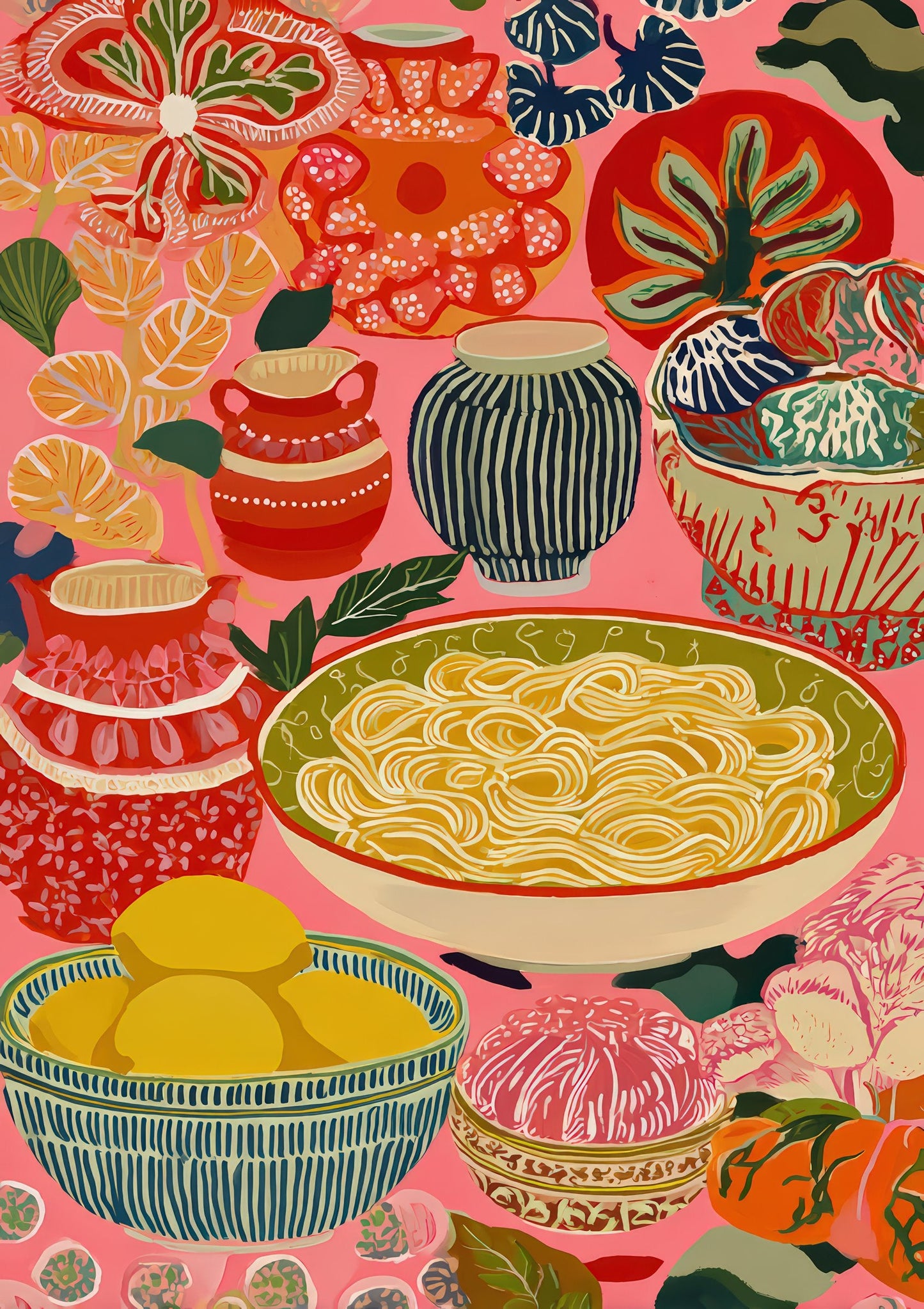 Pasta Feast Print, Colourful Food Wall Art