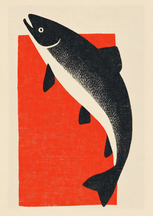 Fish Linocut Print, Red Coastal Kitchen Wall Art