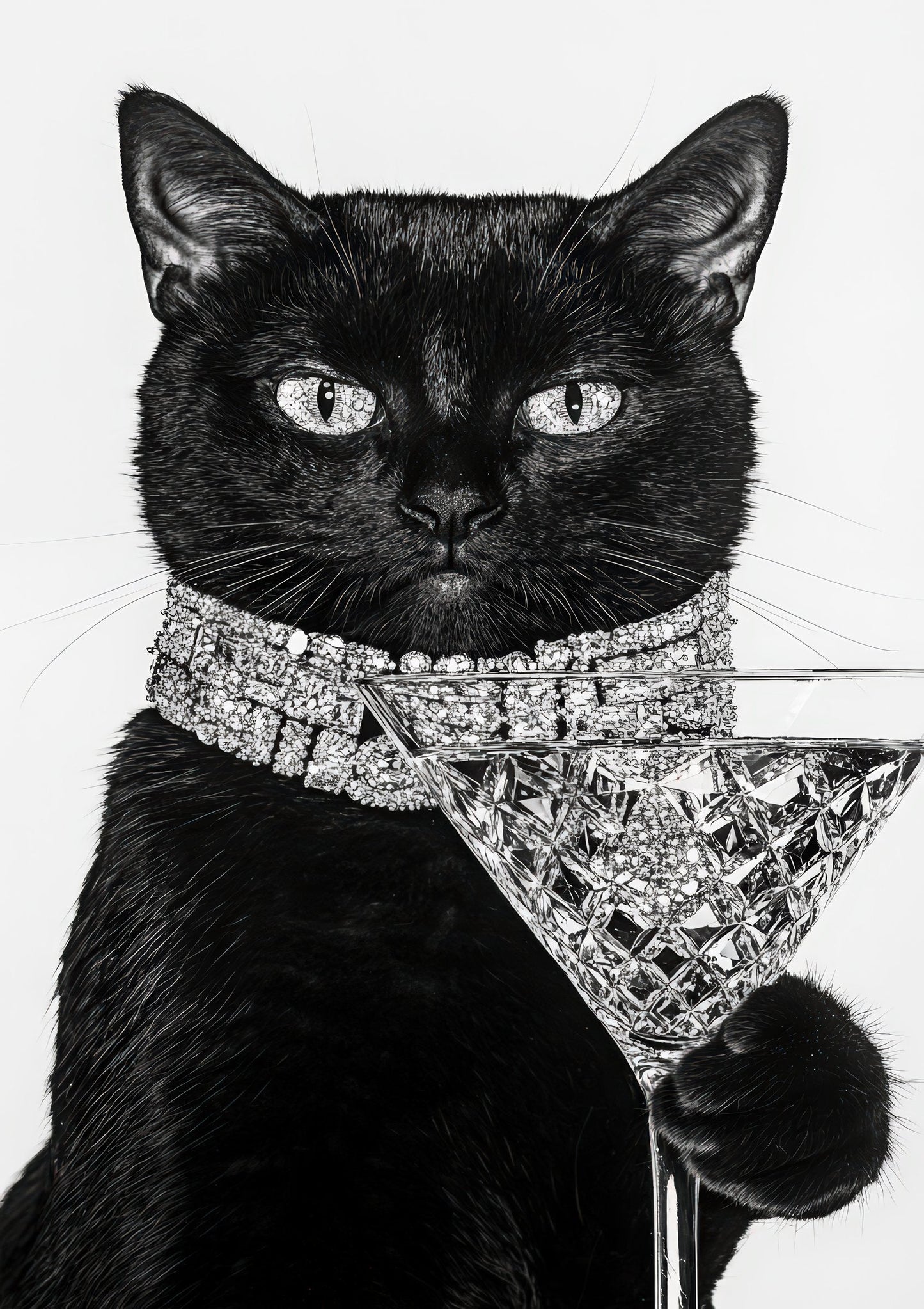 Black Cat with a Martini Print, Glam Animal Wall Art