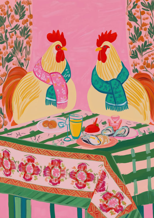 Roosters at Dinner Print, Folk Kitchen Wall Art