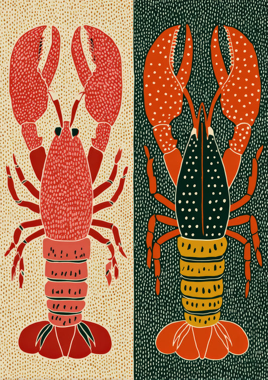 Pair of Lobsters Print, Bold Coastal Kitchen Wall Art