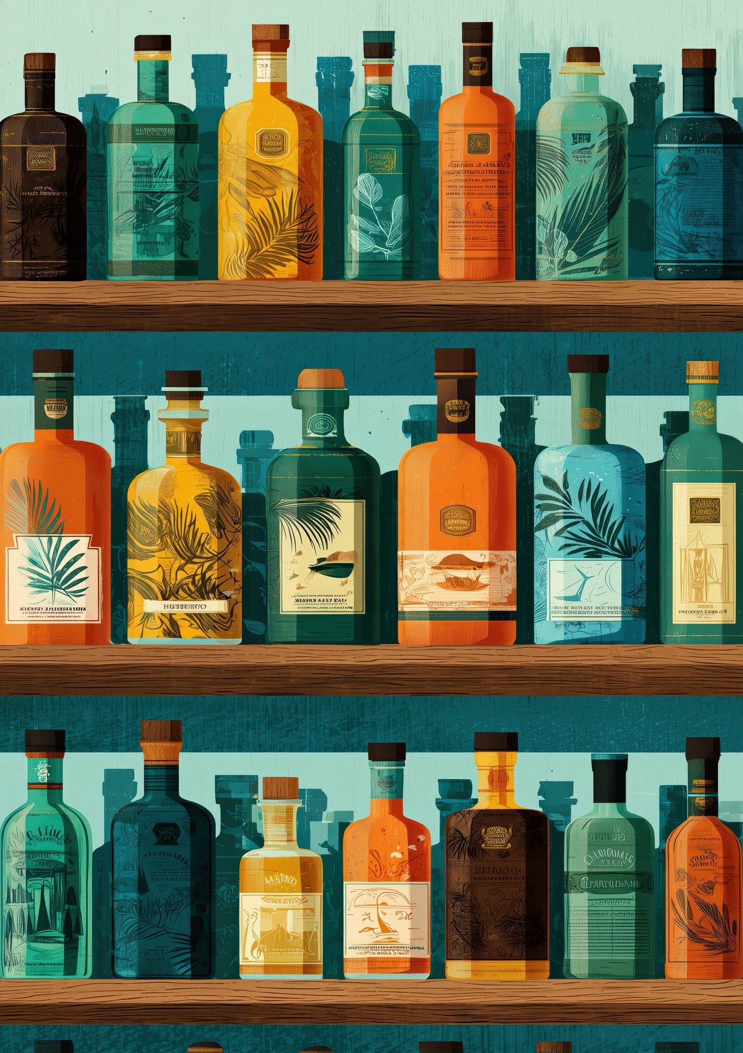Vintage Gin Bottles Print, Home Bar Wall Art