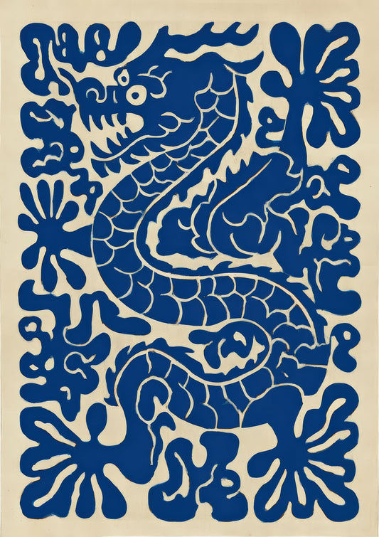 Matisse Style Dragon Print, Blue Cut-Out Wall Art
