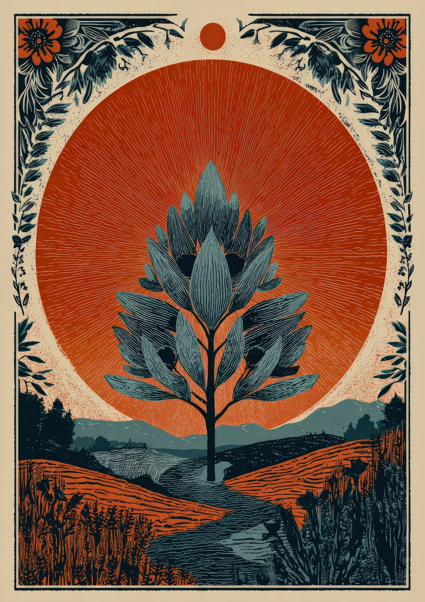 Folk Tree Landscape Print, Tarot Style Wall Art