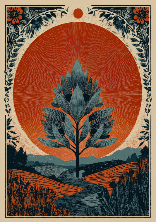 Folk Tree Landscape Print, Tarot Style Wall Art