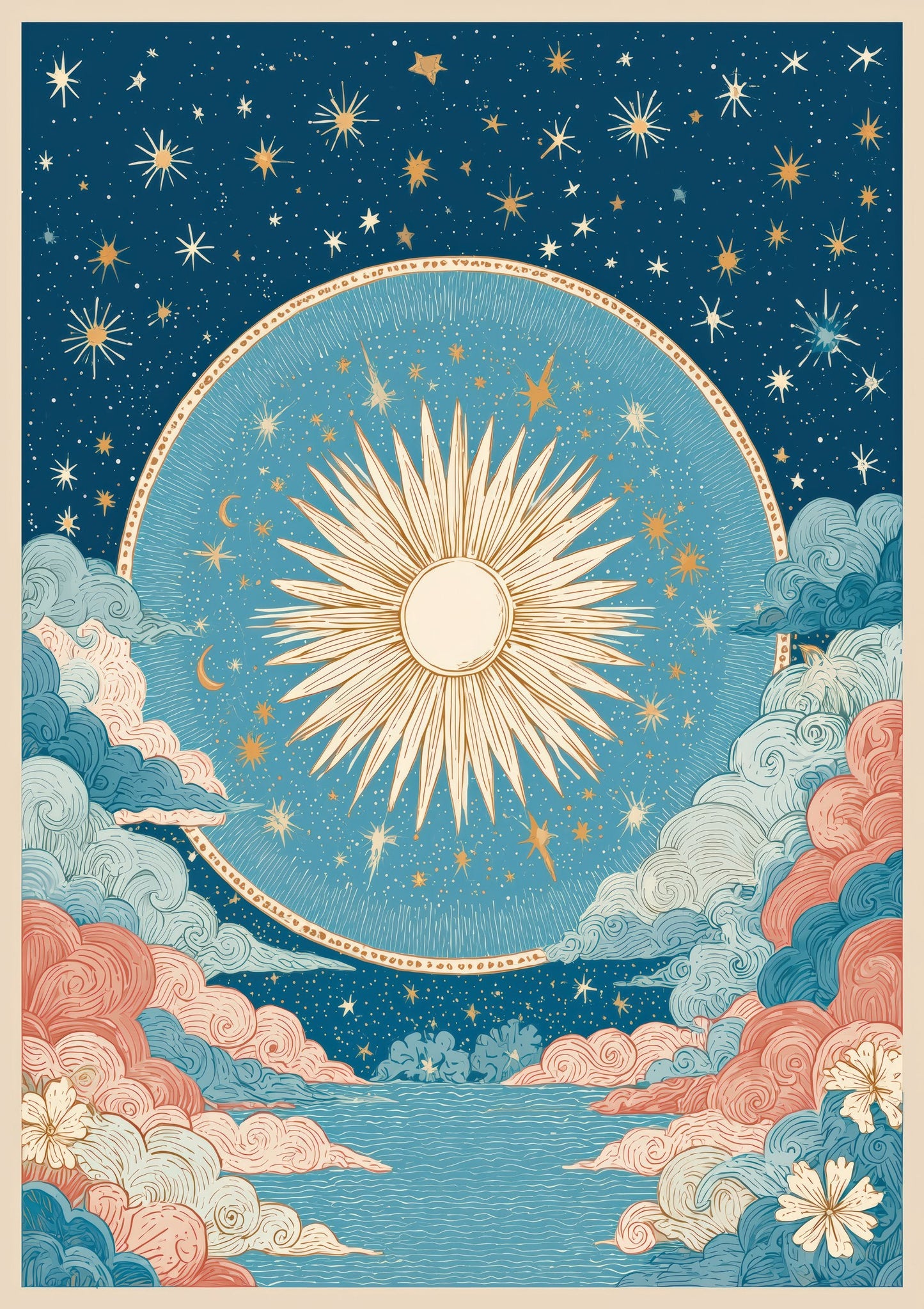 Celestial Sun and Moon Print, Vintage Star Map Wall Art