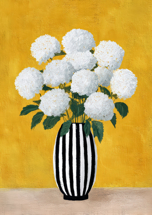 White Hydrangeas in Striped Vase Print, Floral Wall Art