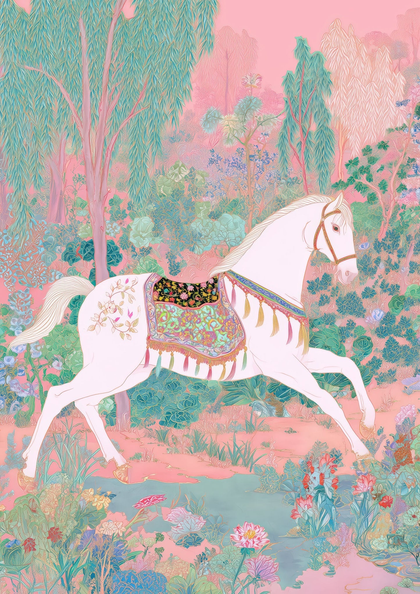 White Horse in Meadow Print, Folk Animal Wall Art