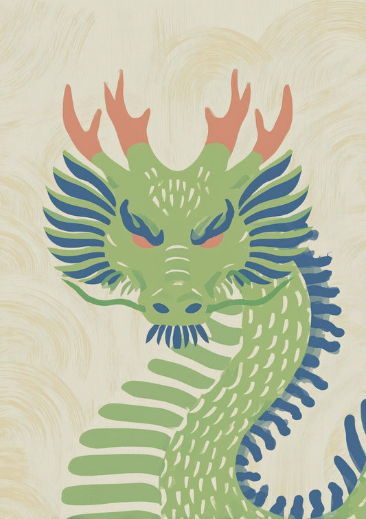 Green Dragon Print, Folk Oriental Wall Art