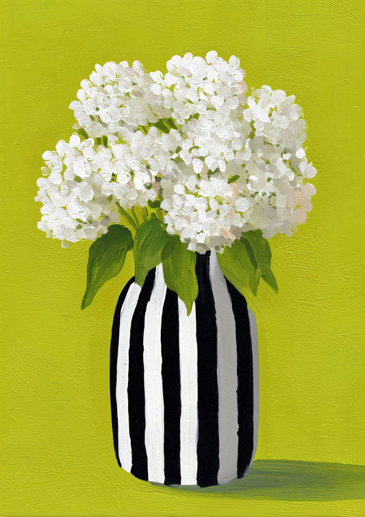 White Blooms in Striped Vase Print, Green Floral Wall Art