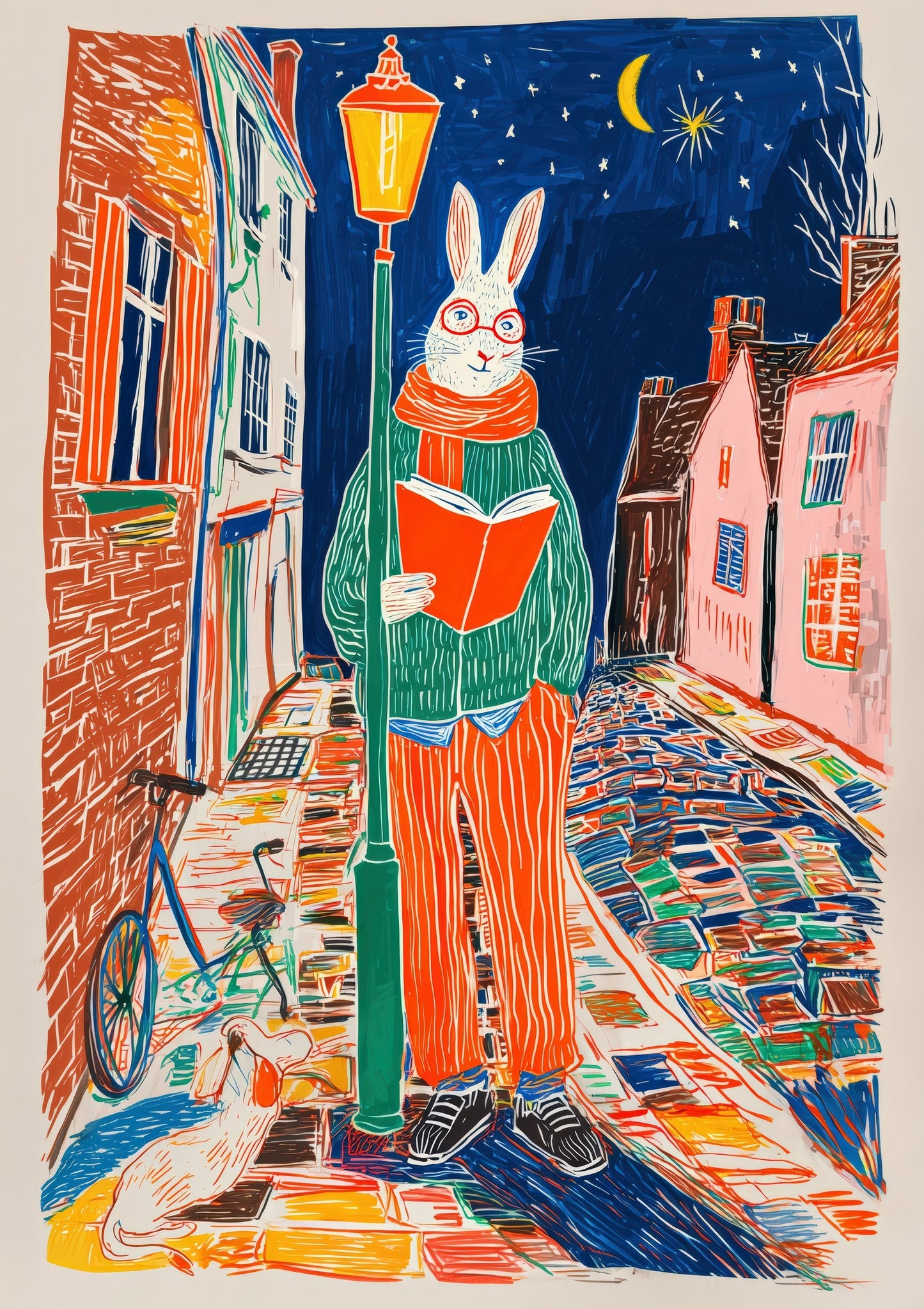Rabbit in the Village Print, Whimsical Animal Wall Art
