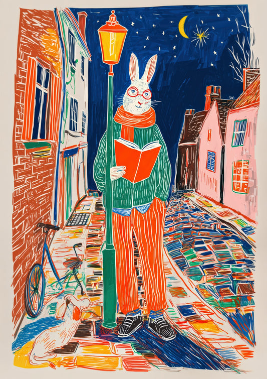 Rabbit in the Village Print, Whimsical Animal Wall Art