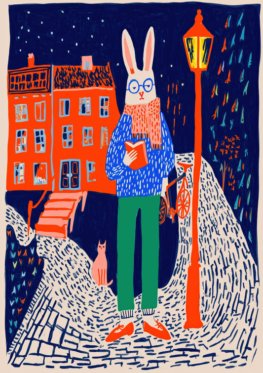 Rabbit in the Rain Print, Whimsical City Wall Art