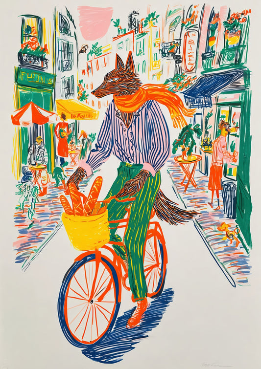 Fox on a Bicycle Print, Whimsical Animal Wall Art
