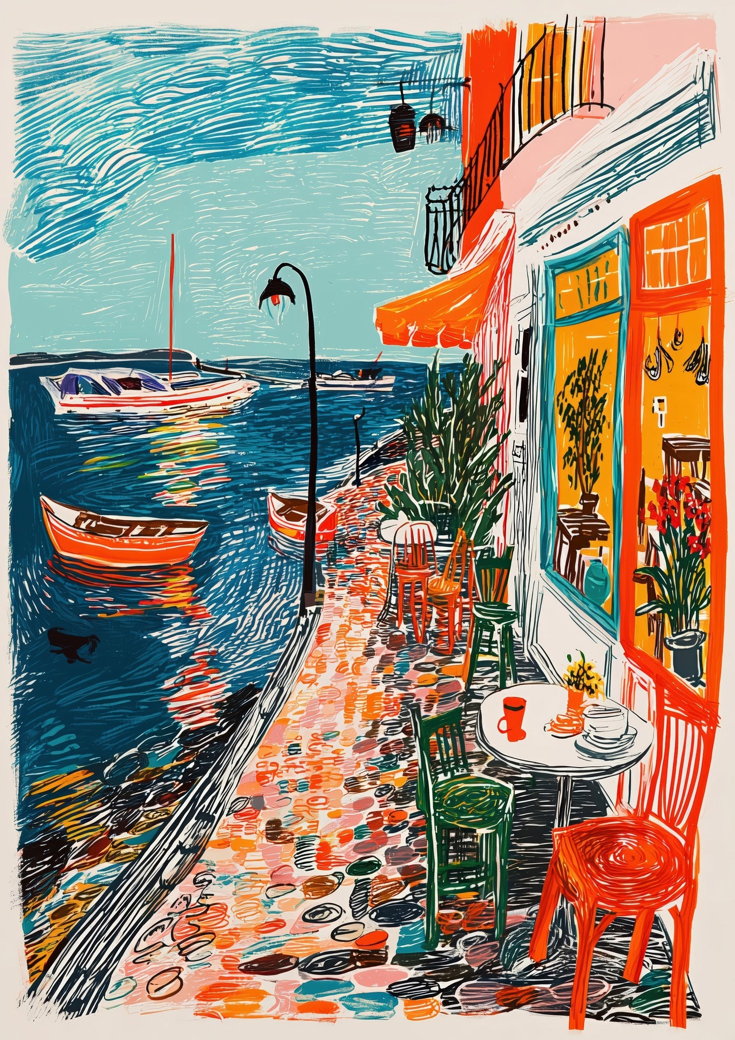 Painterly Street Cafe Print, Colourful City Wall Art
