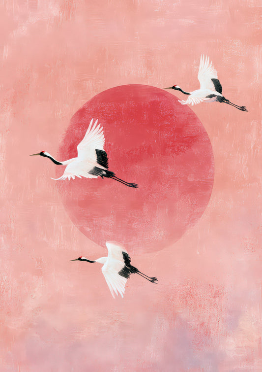 Cranes at Sunrise Print, Japanese Bird Wall Art