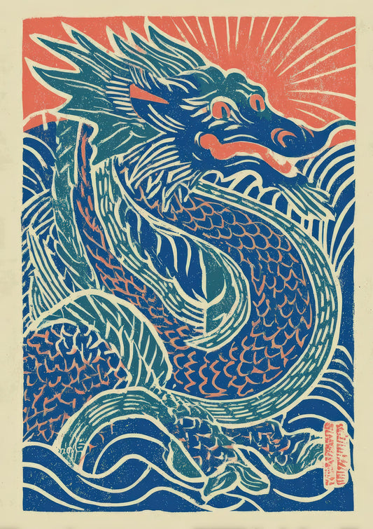 Chinese Dragon Linocut Print, Blue Oriental Wall Art