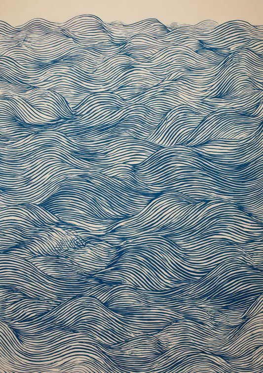 Blue Waves Print, Japandi Abstract Wall Art