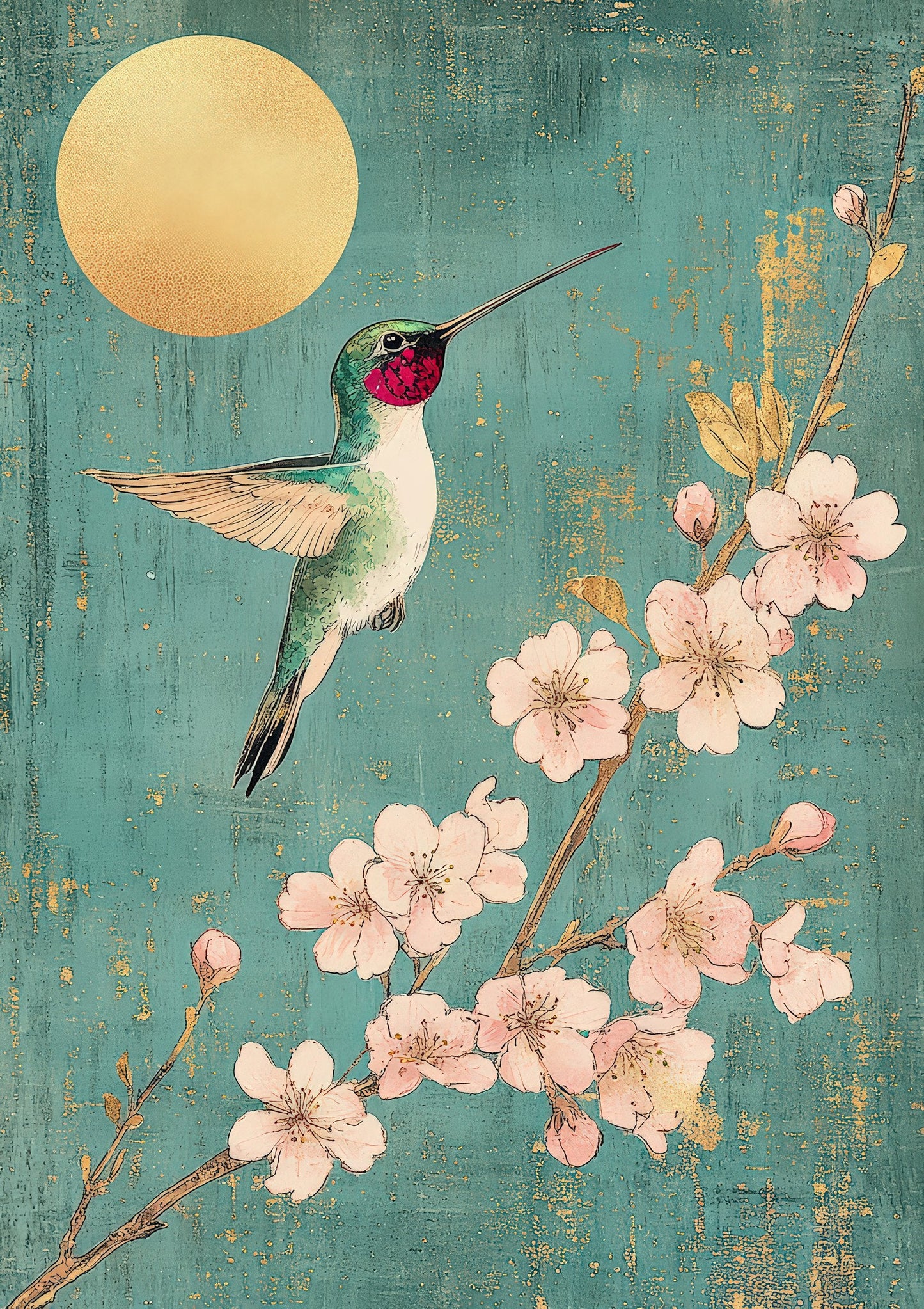 Hummingbird and Blossom Print, Oriental Bird Wall Art