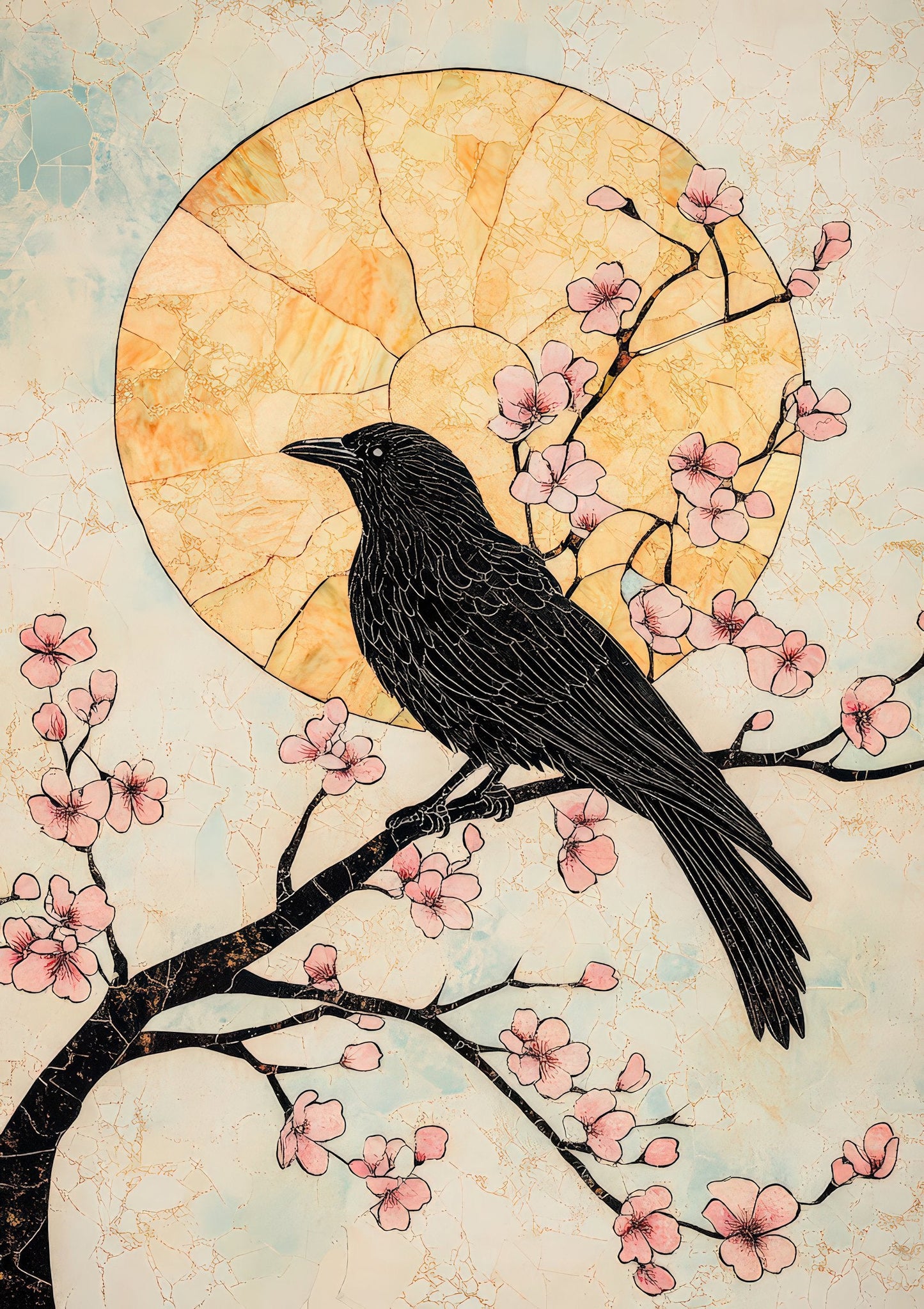 Bird on Blossom Branch Print, Moonlit Oriental Wall Art