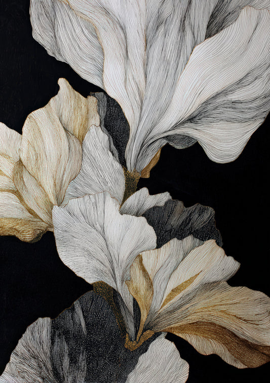 Golden Petals Print, Dramatic Floral Wall Art