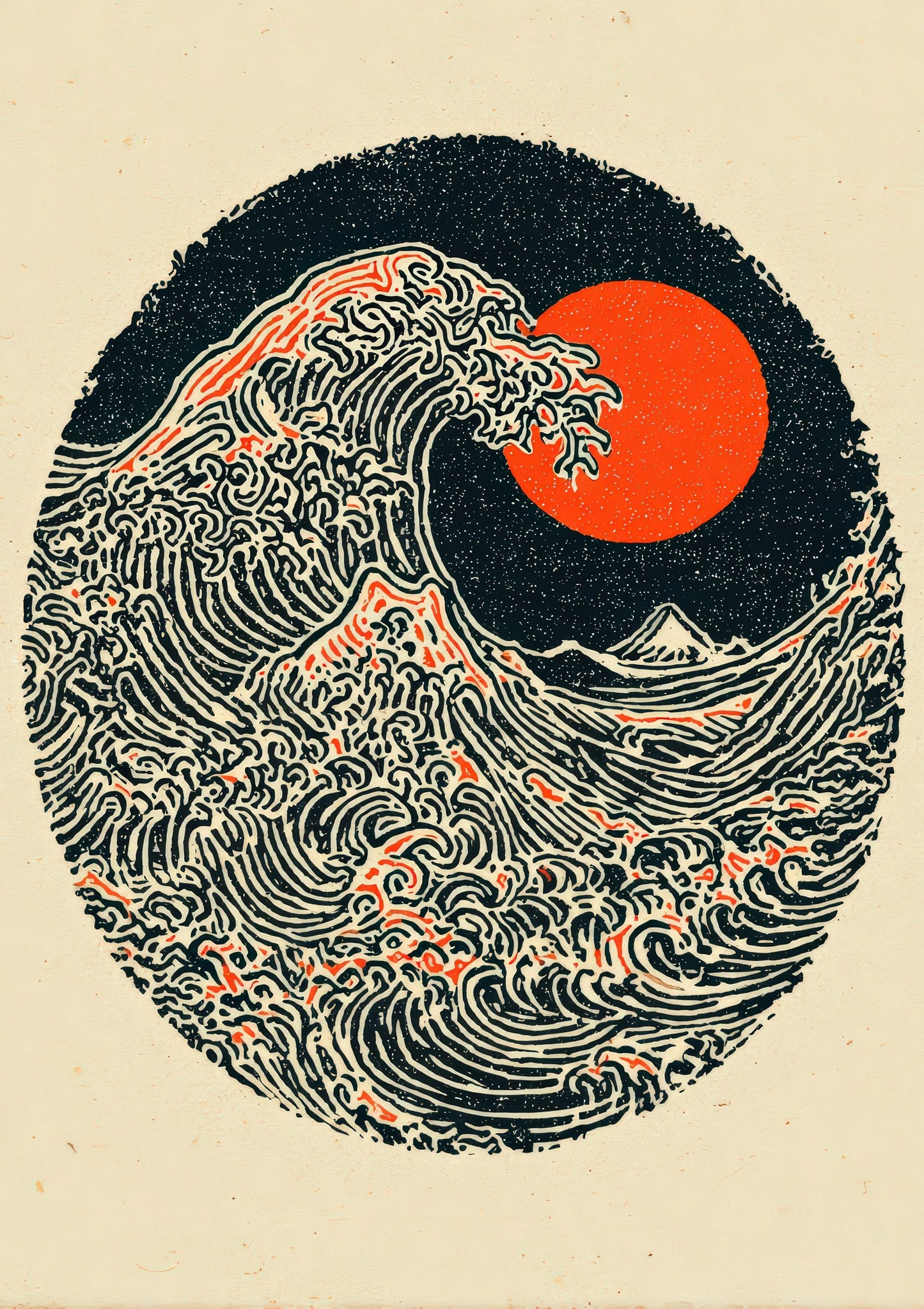 Wave and Sun Linocut Print, Japandi Coastal Wall Art