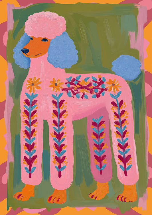 Pink Poodle Folk Art Print, Symmetrical Dog Wall Art