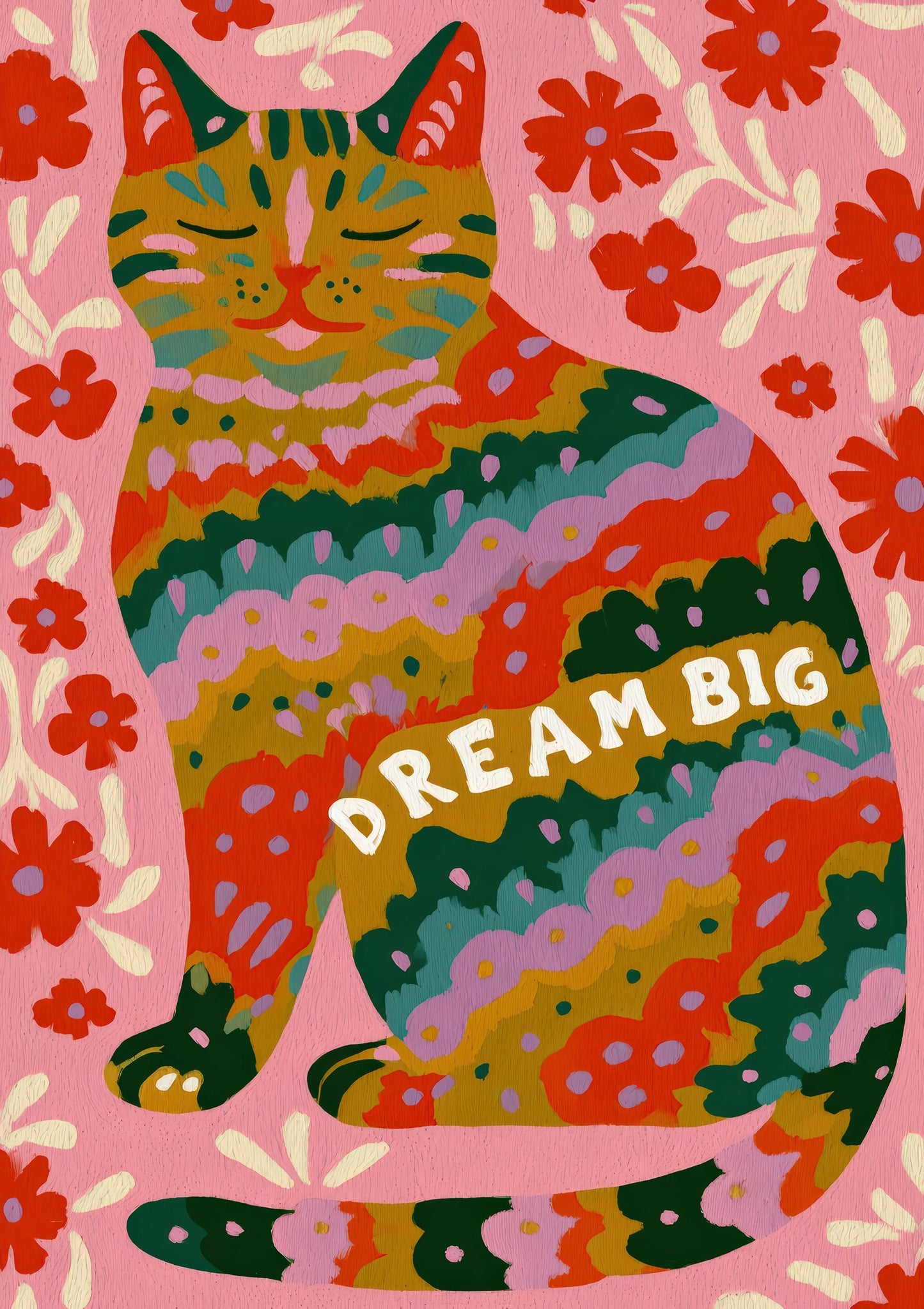 Dream Big Ginger Cat Print, Floral Quote Wall Art