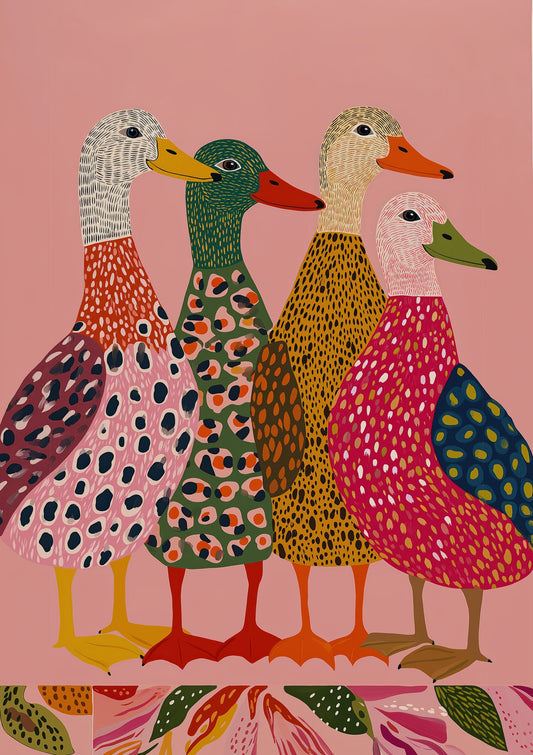Four Dressed Ducks Print, Quirky Bird Wall Art