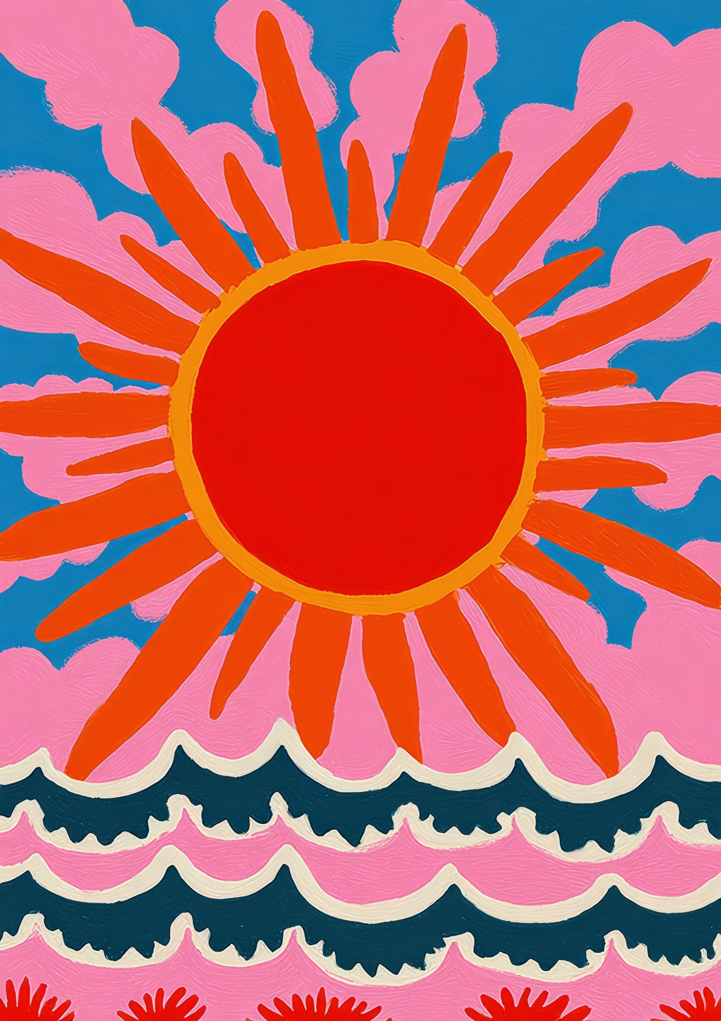 Coral Sun Burst Print, Colourful Retro Abstract Wall Art