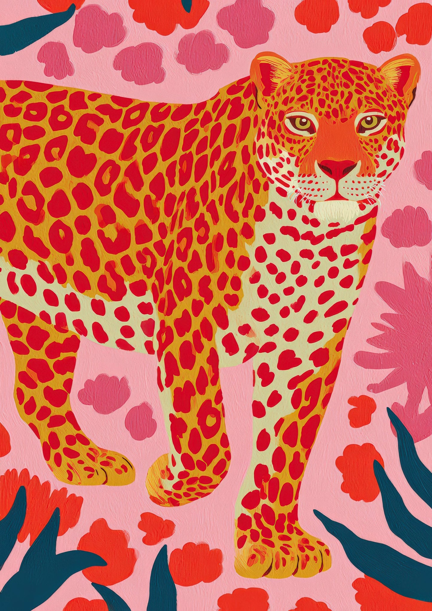 Coral Leopard on Hearts Print, Pink Animal Wall Art