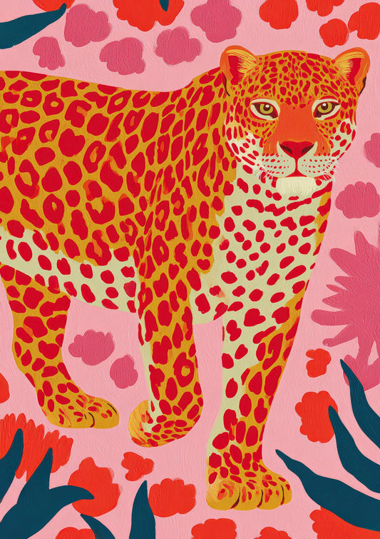 Coral Leopard on Hearts Print, Pink Animal Wall Art
