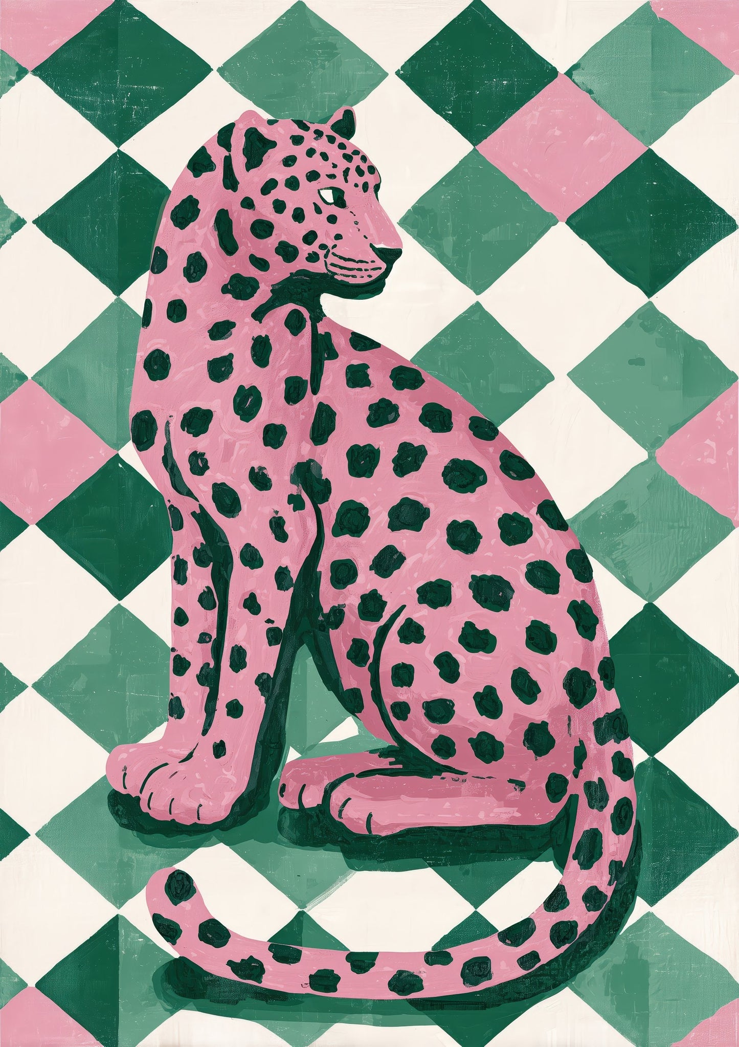 Pink Leopard on Green Checkerboard Print, Bold Maximalist Animal Wall Art