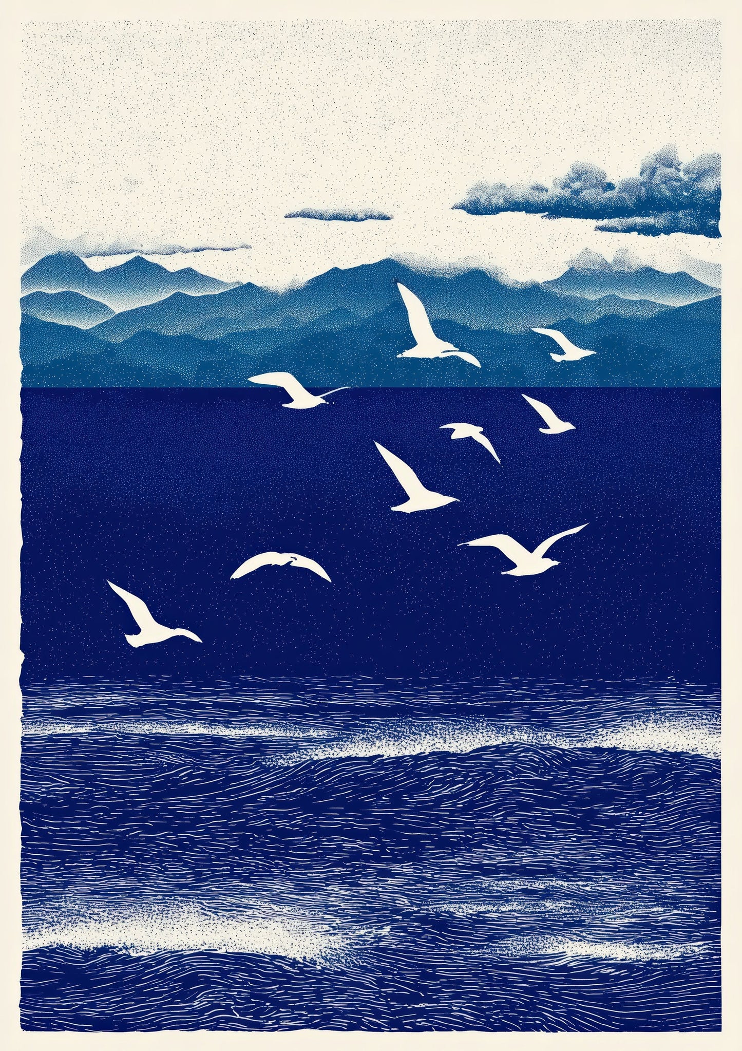 Japanese Wave Print, Linocut Seascape Wall Art