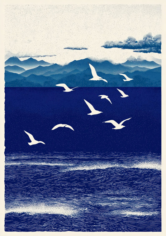 Japanese Wave Print, Linocut Seascape Wall Art
