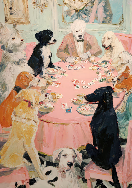 Dogs Playing Poker Print, Funny Gouache Animal Wall Art