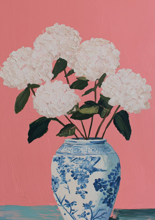 White Hydrangea Ginger Jar Print, Blue and White Floral Wall Art