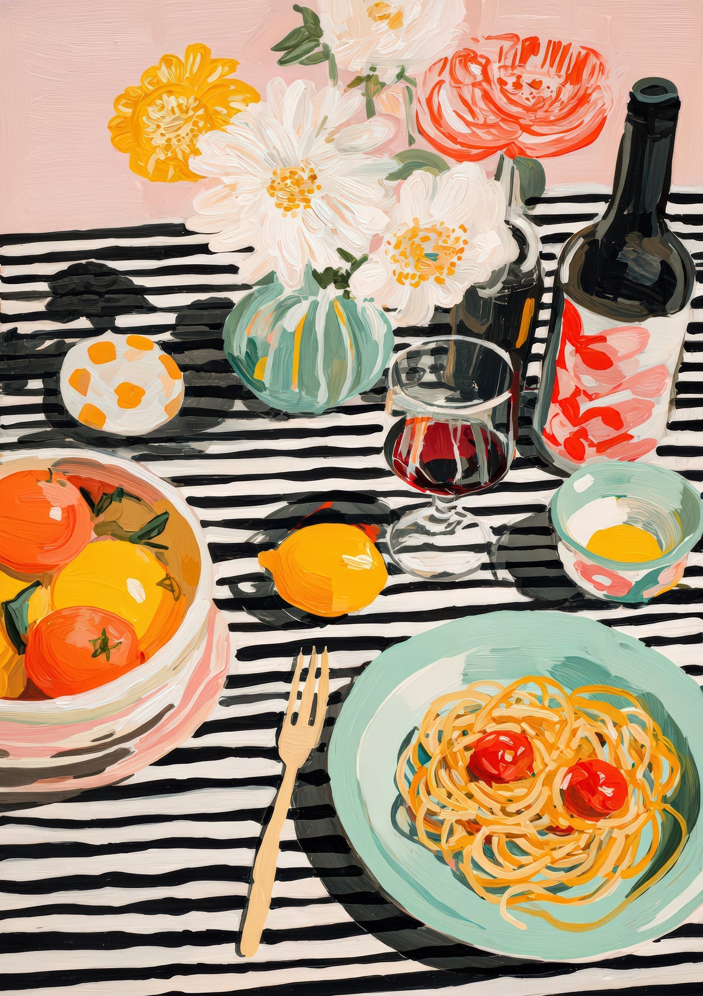 Striped Table with Wine and Flowers Print, Still Life Wall Art