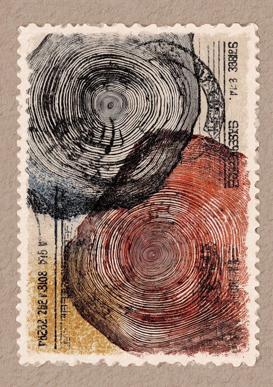 Tree Rings Abstract Print, Vintage Stamp Style Wall Art
