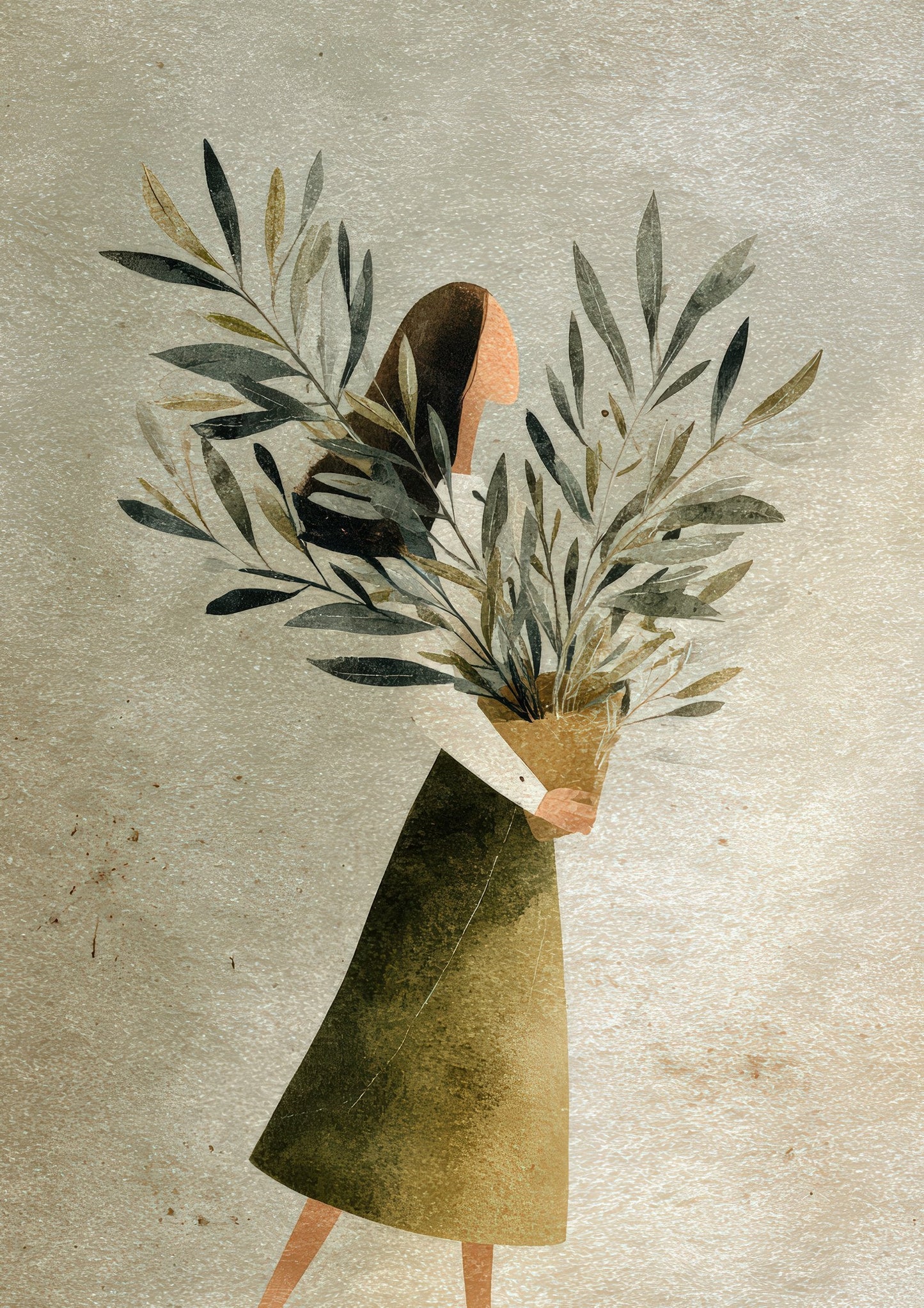 Woman with Olive Branches Print, Folk Figure Wall Art
