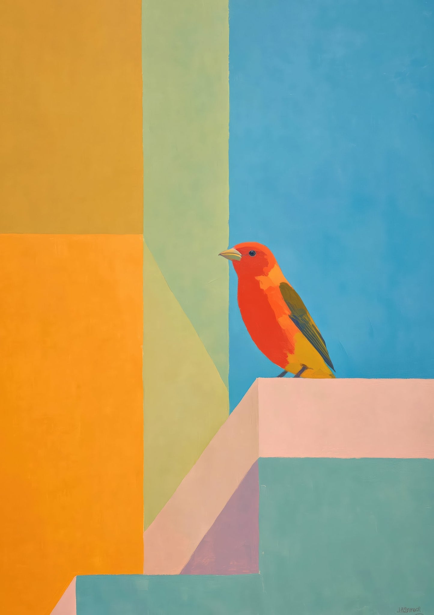 Bird on Abstract Blocks Print, Colourful Modern Wall Art