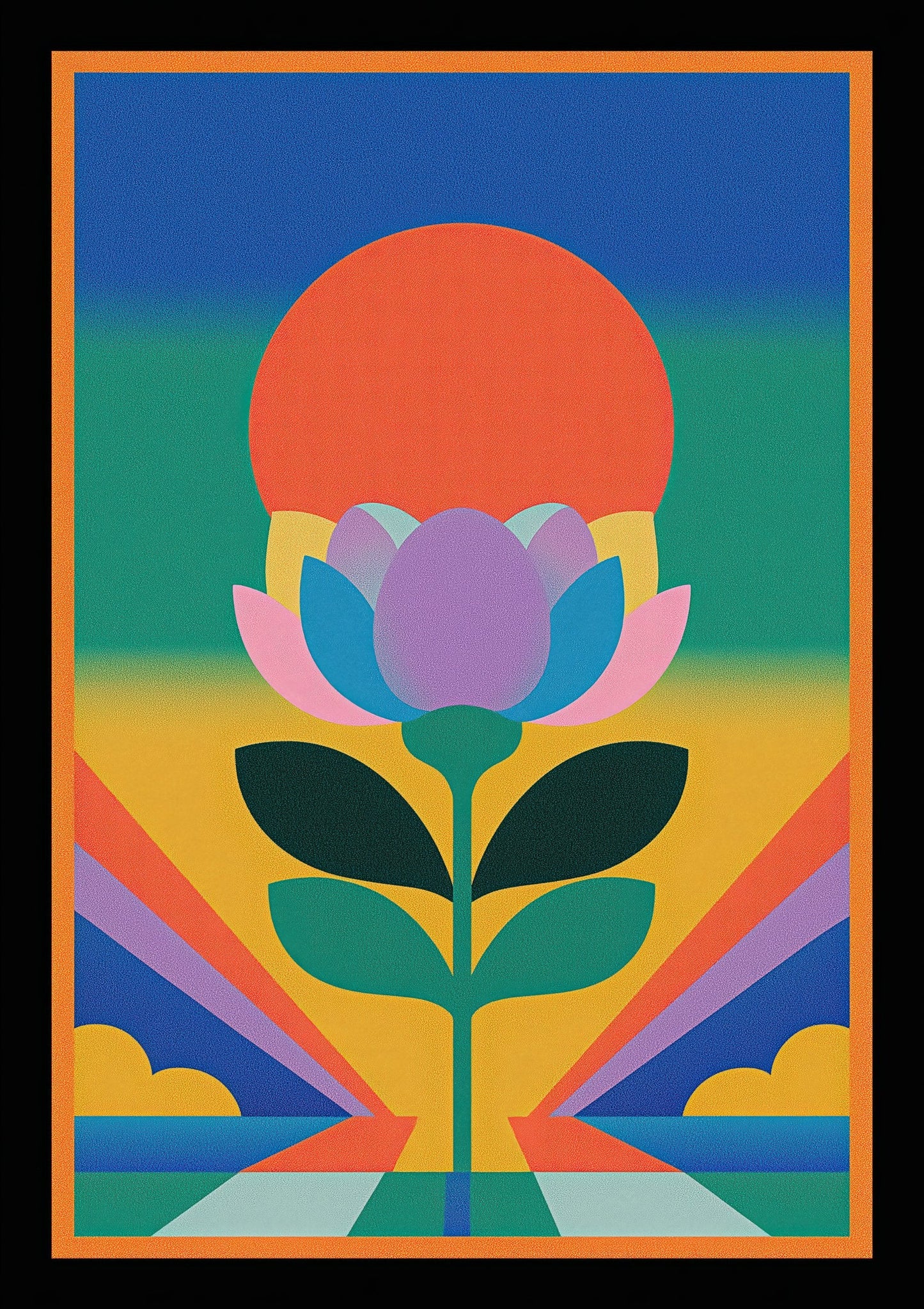Retro Sun Flower Print, Geometric Symmetrical Wall Art