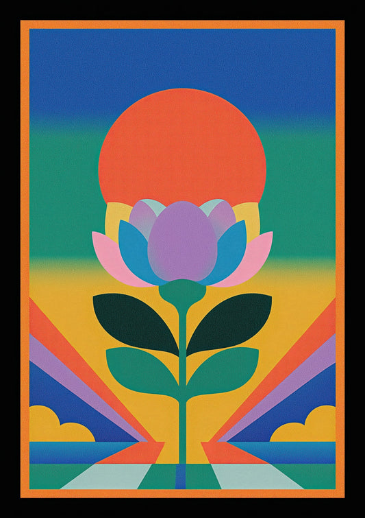Retro Sun Flower Print, Geometric Symmetrical Wall Art