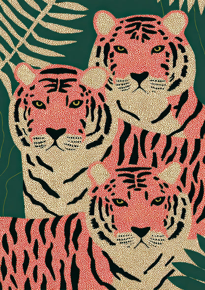 Pink Tigers Print, Symmetrical Big Cat Wall Art