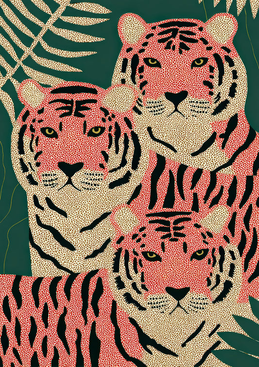 Pink Tigers Print, Symmetrical Big Cat Wall Art
