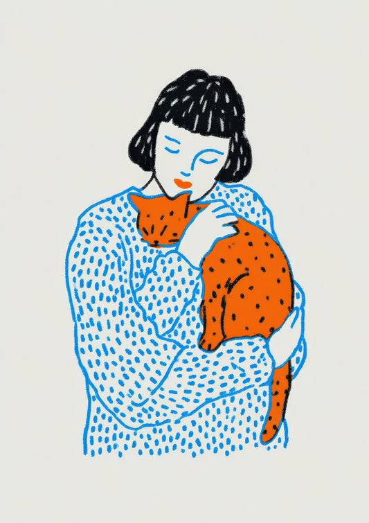 Woman Holding a Cat Print, Painterly Portrait Wall Art